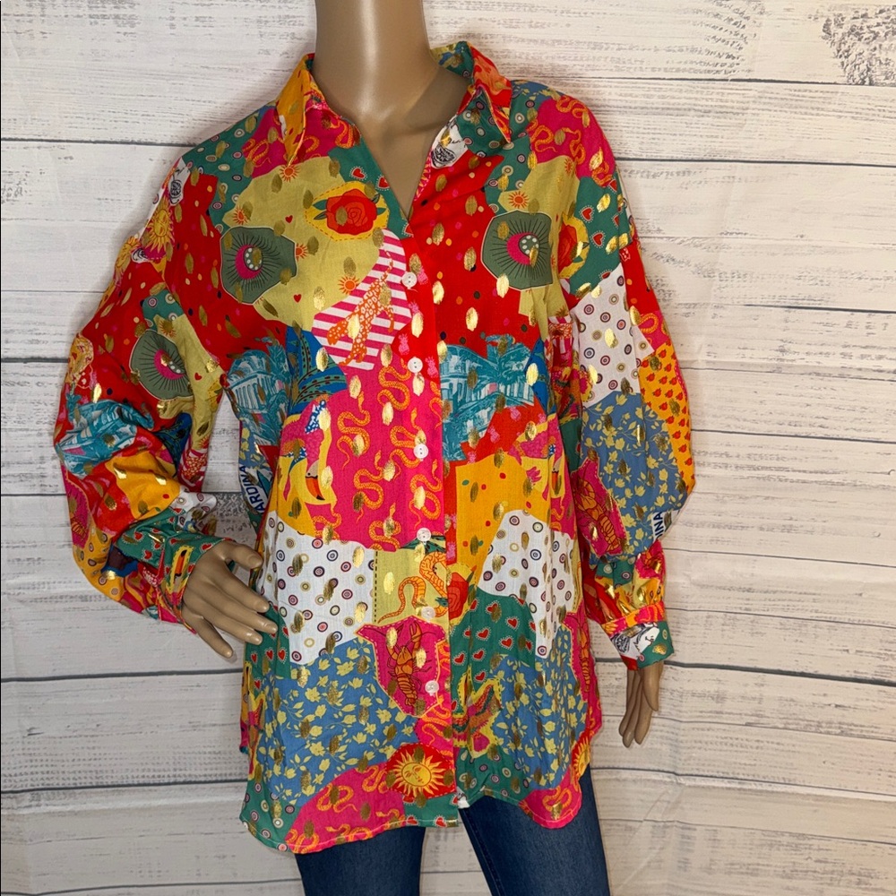 NWOT Women’s Multi-Color Printed Button-Up Blouse - Picture 7 of 9